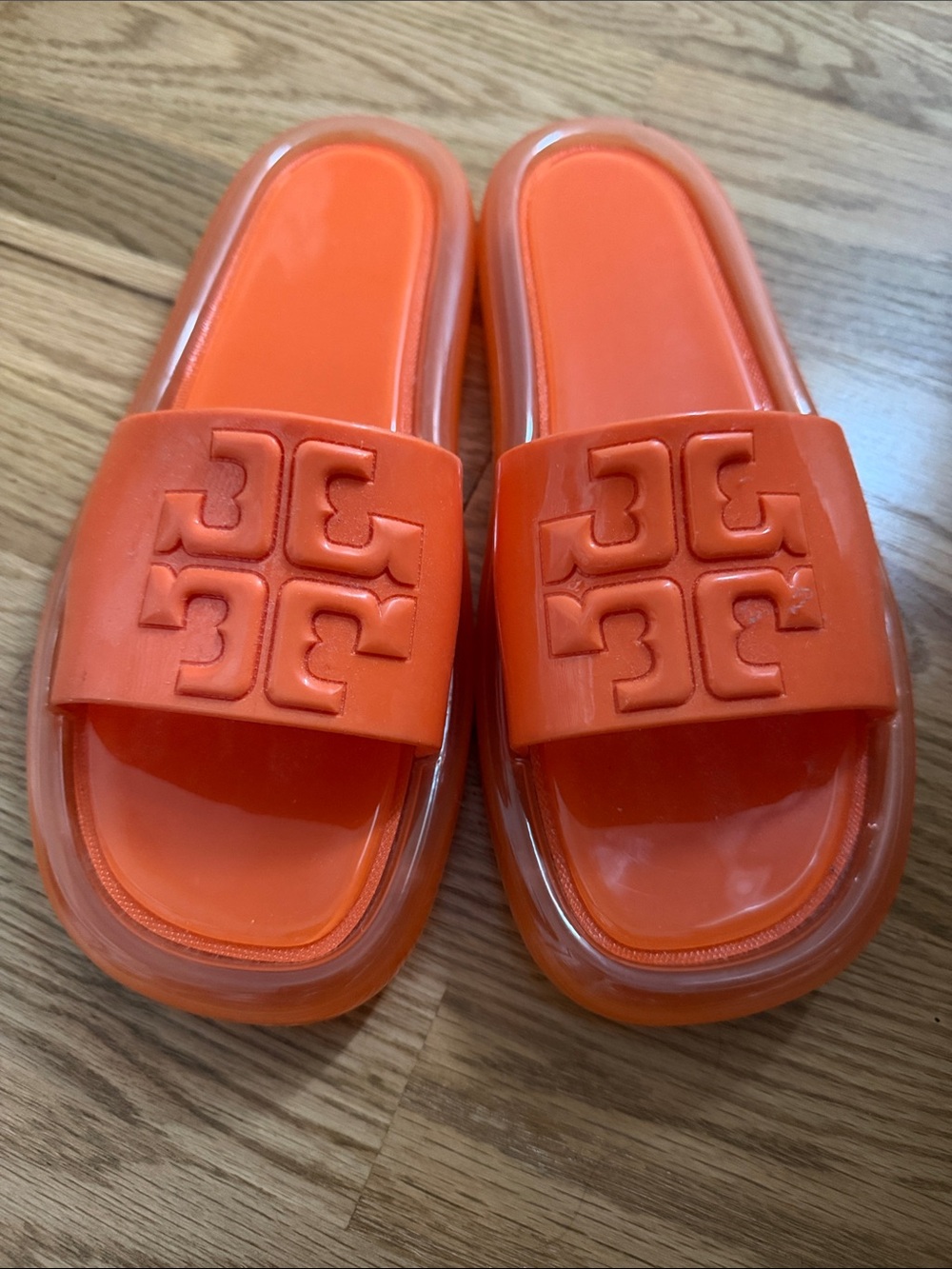 Tory Burch Bright Orange Logo Jelly Slides